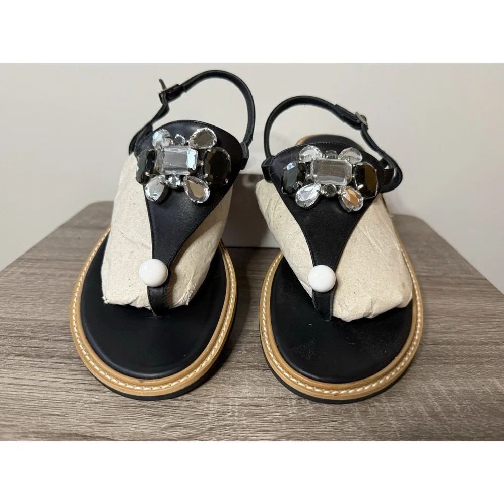 Pertini Black Jeweled Leather thong sandals ankle buckle Women's Sz 8 Made Spain